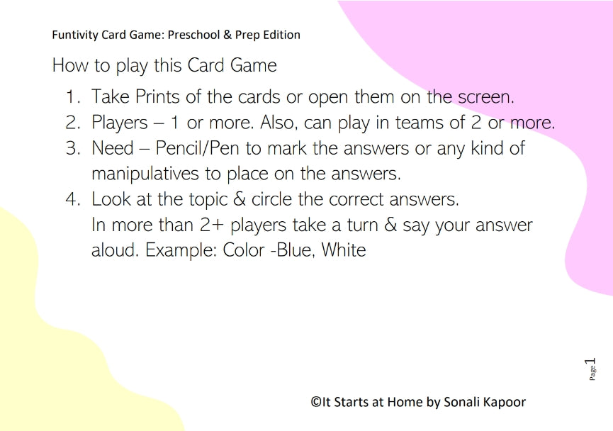 Funtivity Game Card - Preschool & Prep Edition