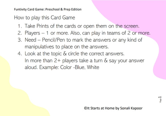 Funtivity Game Card - Preschool & Prep Edition